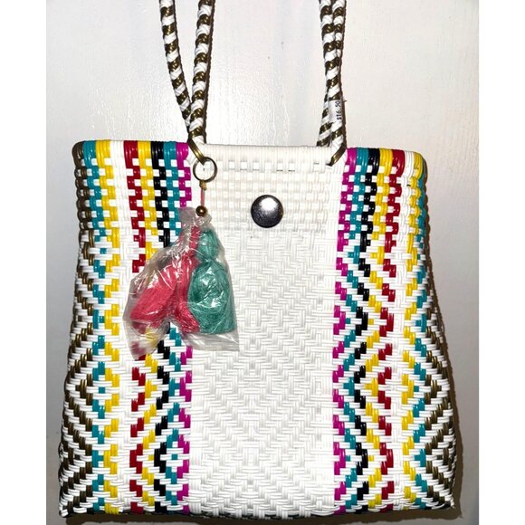 Handwoven Tote Bag With Multicolor Stripes & Button Closure - Picture 2 of 7